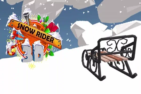 Snow Rider 3D game featuring a sled speeding down a snowy mountain with holiday obstacles.