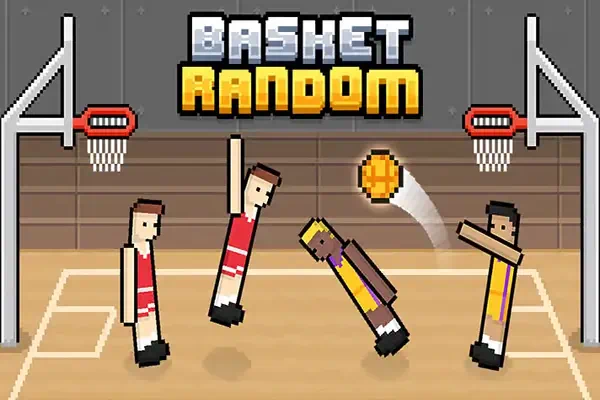 Basket Random game showing two ragdoll players jumping and shooting a basketball in a chaotic match.