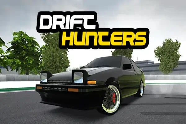 Drift Hunters game featuring a detailed sports car drifting on a city track with smoke trails.