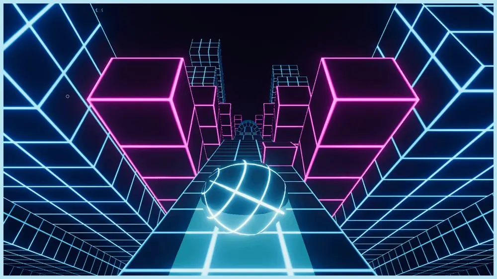 Slope 3 game showing a neon ball racing down a futuristic 3D slope filled with obstacles.