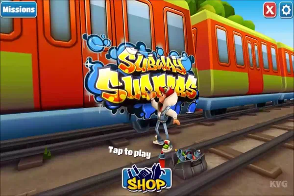 Subway Surfers game showing a character running through train tracks while dodging trains and collecting coins.
