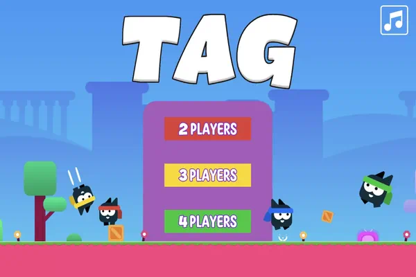 Tag game showing animated characters running and chasing each other in a colorful arena.