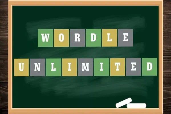 Wordle Unlimited game showing a word puzzle grid with letters being guessed and highlighted in color.