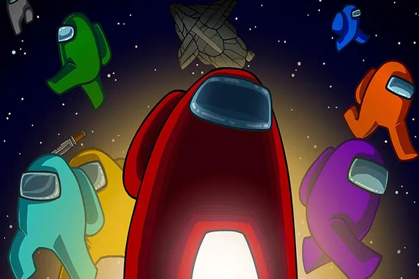Among Us crewmates and impostors in colorful space station setting