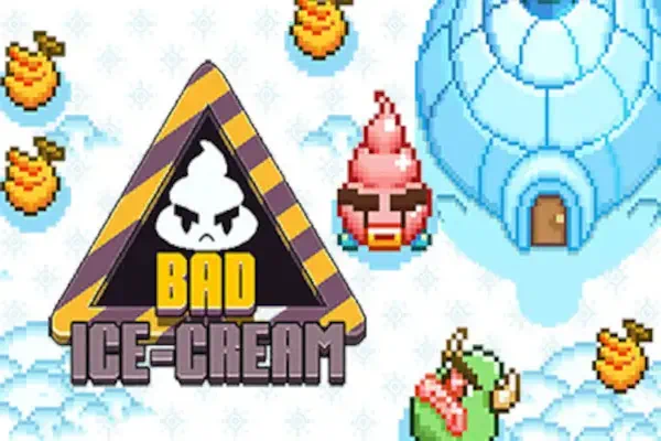 Pixel-style ice cream character collecting fruit in icy maze